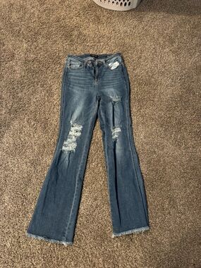 Judy Blue 9/29 Women's Distressed Flare Jeans - Medium Blue